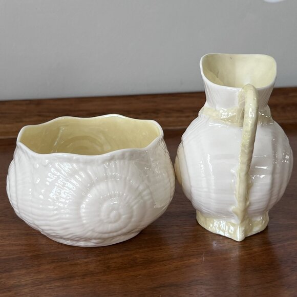 Vintage Belleek Seashell Nautilus Lustre Creamer & Sugar Bowl Green Mark Ireland - Picture 8 of 13